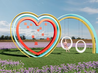 Colorful Heart Shaped Garden Ornament With Swing In Purple Flower Field Under Blue Sky 3d model