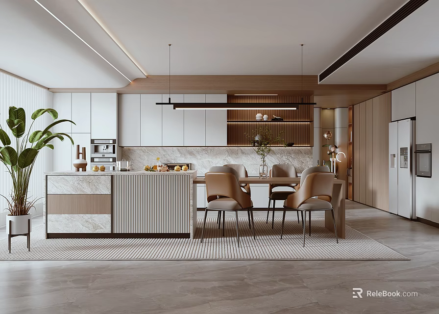 Modern Open Concept Kitchen Dining Area With White Cabinets And Dining Chairs 3d model