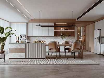 Modern Open Concept Kitchen Dining Area With White Cabinets And Dining Chairs 3d model