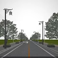 Urban Road Facilities With Traditional Style Street Lamps Trees Lawns Lane Lines And Car