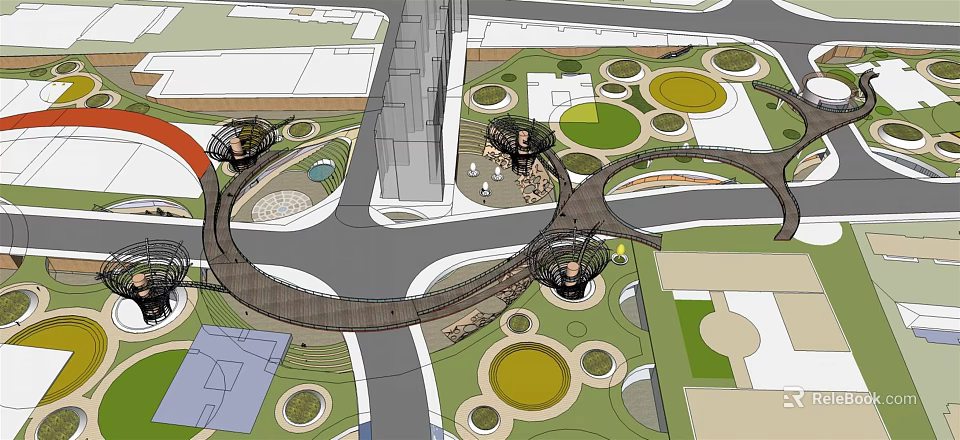 Modern Commercial Landscape Plan With Circular Green Spaces Pedestrian Bridges And Recreational Areas 3d model 