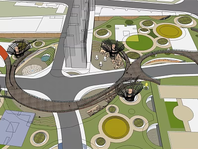 Modern Commercial Landscape Plan With Circular Green Spaces Pedestrian Bridges And Recreational Areas 3d model