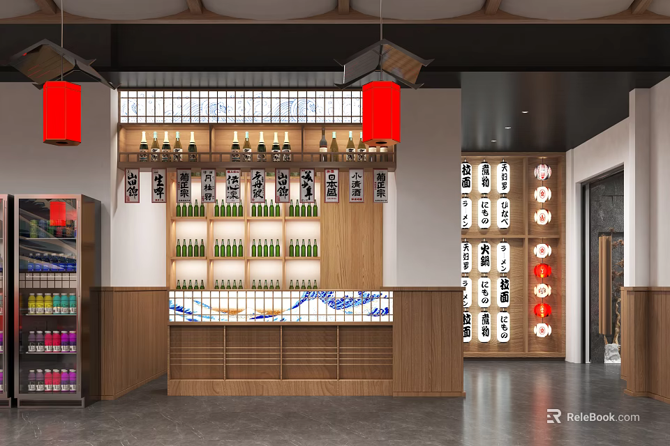 Japanese Restaurant Interior with Bar Counter Wooden Shelves Red Lanterns and Sake Bottles 3d model 