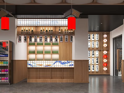 Japanese Restaurant Interior with Bar Counter Wooden Shelves Red Lanterns and Sake Bottles 3d model
