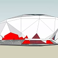 Large Circular Stadium With Geometric Exterior White Red Blue Panels And Plaza Green Space