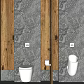 Modern Chinese Public Restroom With Marble Walls Wooden Screen Round Mirror Sink And Toilet