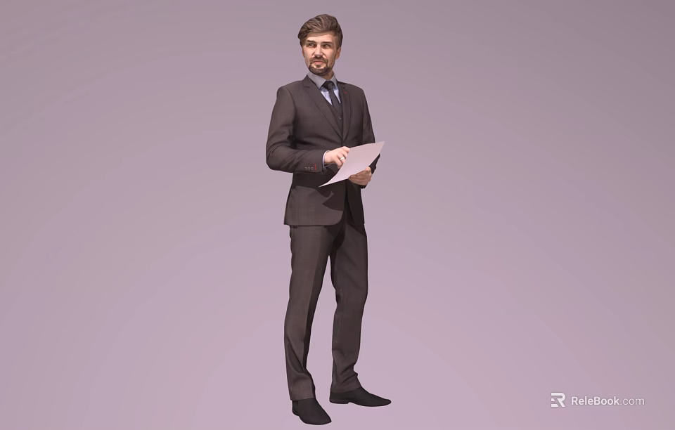 Man In Brown Suit With Tie Holding Papers Full Length 3d model 