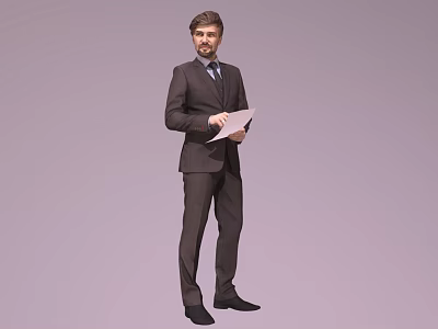 Man In Brown Suit With Tie Holding Papers Full Length 3d model