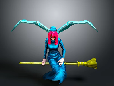 Witch Character With Pink Hair Blue Dress Hat Wings And Yellow Broom 3d model