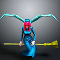Witch Character With Pink Hair Blue Dress Hat Wings And Yellow Broom