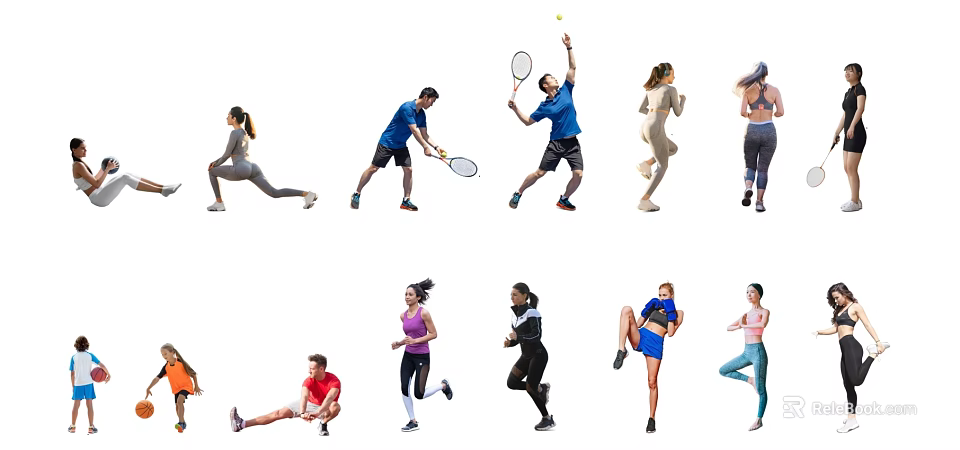 People Engaged in Various Fitness Activities Including Tennis Stretching Running and Yoga 3d model 