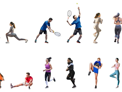 People Engaged in Various Fitness Activities Including Tennis Stretching Running and Yoga 3d model