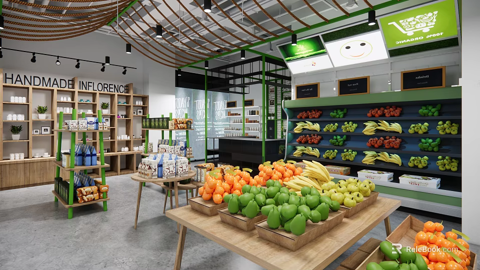 Modern Supermarket Interior With Fresh Fruits Vegetables And Organized Grocery Shelves 3d model 