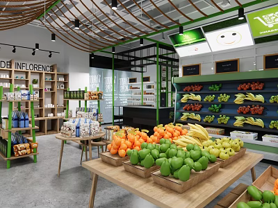 Modern Supermarket Interior With Fresh Fruits Vegetables And Organized Grocery Shelves 3d model