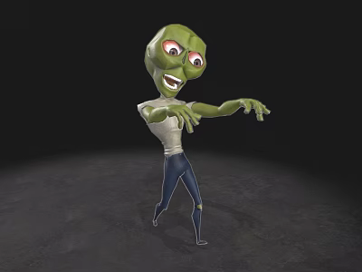Green Game Movie Character With Big Red Pupils Grinning In White Shirt Dark Pants Dancing 3d model