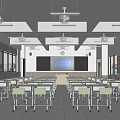 Spacious Modern School Classroom With Desks Chairs Blackboard Fans And Wall Posters
