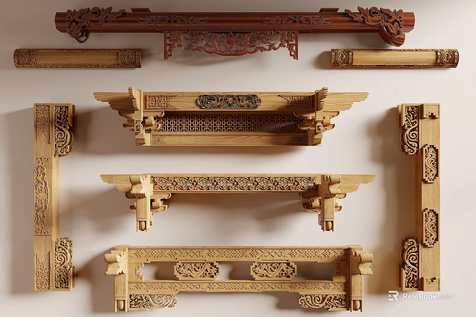 Traditional Wooden Architectural Components With Intricate Carvings 3d model 