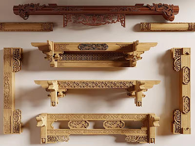 Traditional Wooden Architectural Components With Intricate Carvings 3d model