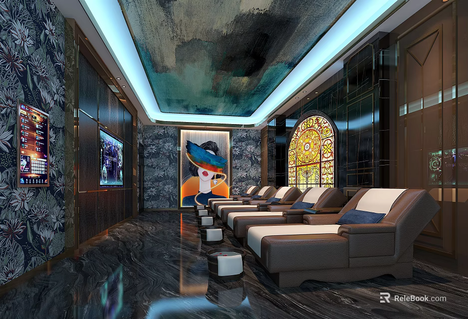 Luxurious SPA Sauna Interior With Comfortable Lounge Chairs Stained Glass And Decorative Art 3d model 