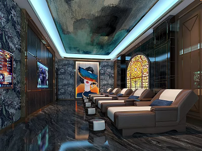 Luxurious SPA Sauna Interior With Comfortable Lounge Chairs Stained Glass And Decorative Art 3d model