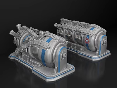 Cartoon Style Silver Mechanical Devices With Blue Stripes And Complex Structures 3d model