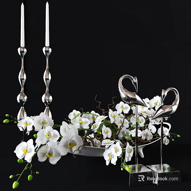 Decorative Ornament Set with Silver Swan Figures White Orchids and Candle Holders for Home 3d model 