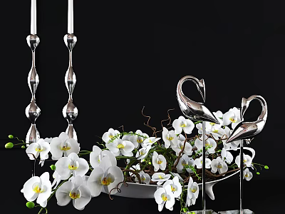 Decorative Ornament Set with Silver Swan Figures White Orchids and Candle Holders for Home 3d model
