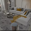 Elegant Light Gray Sofa And Coffee Table Set With Pillows Geometric Rug And Decorative Lights