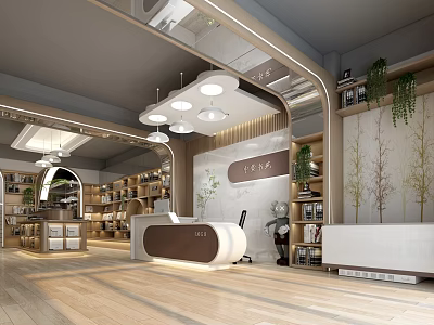 Warm Book Art Store Interior Design With Wooden Bookshelves Reception Desk And Hanging Green Plants 3d model