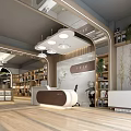 Warm Book Art Store Interior Design With Wooden Bookshelves Reception Desk And Hanging Green Plants