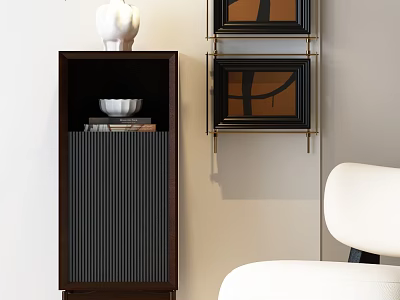 Entryway Side Cabinet In Modern Interior With Wooden Texture Decorative Vase And Wall Art 3d model