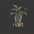 Cartoon Scene Colorful Plant Featuring Red Pink Leaves Green Stems Yellow Decorations On Black Background