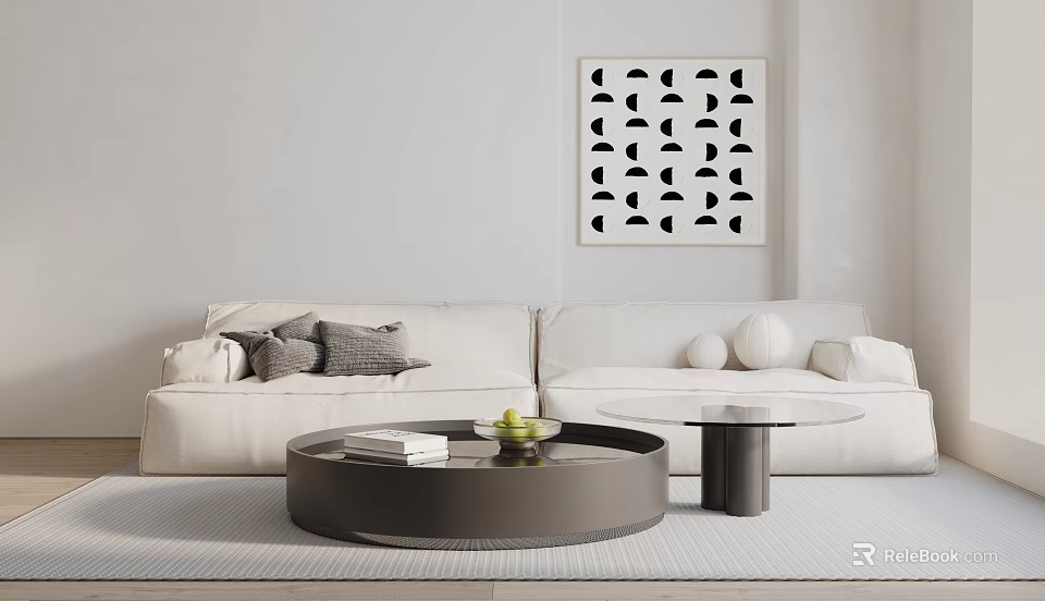 White Two Seater Sofa With Cushions Round Coffee Table And Geometric Wall Art 3d model 