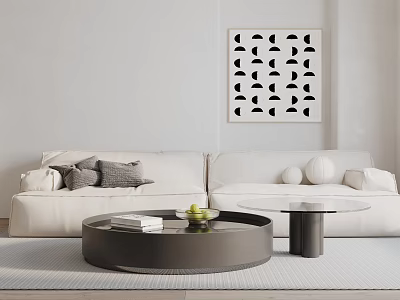 White Two Seater Sofa With Cushions Round Coffee Table And Geometric Wall Art 3d model