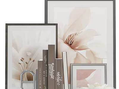 Elegant Decorative Display Set With Framed Floral Art Books And Small Ornaments 3d model
