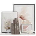 Elegant Decorative Display Set With Framed Floral Art Books And Small Ornaments