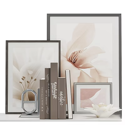 Elegant Decorative Display Set With Framed Floral Art Books And Small Ornaments 3d model