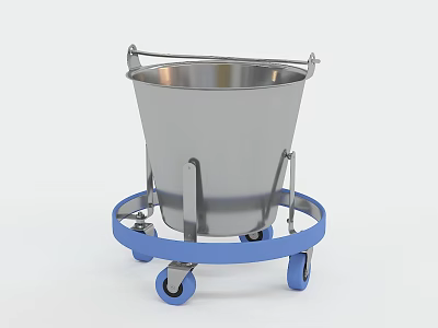 Public Facility Stainless Steel Bucket Cart With Blue Wheels For Waste Disposal 3d model
