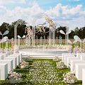 Outdoor Banquet Hall With Floral Arch Pink And White Flowers Lawn White Seats Butterfly Decorations