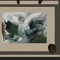 Abstract Wall Painting With Green And White Tones And Decorative Vase