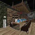 Modern Internet Cafe Interior with Brick Wall Counter Computers and Blue Carpet