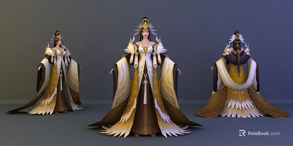 Elegant Mythical Characters In Phoenix Inspired Golden Feather Costumes With Ornate Headpieces 3d model 