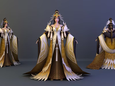 Elegant Mythical Characters In Phoenix Inspired Golden Feather Costumes With Ornate Headpieces 3d model
