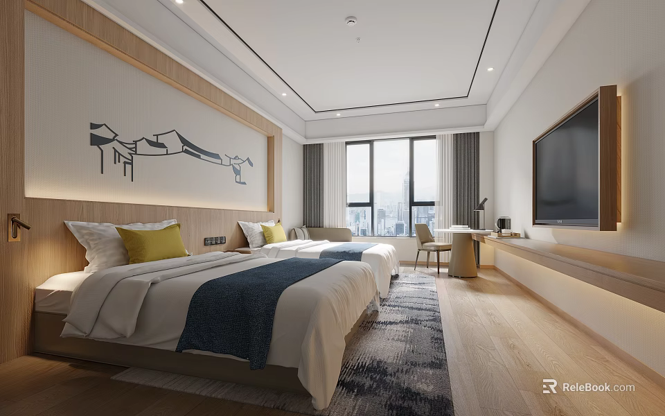 Modern Hotel Guest Room With Twin Beds Landscape Painting And City View Window 3d model 