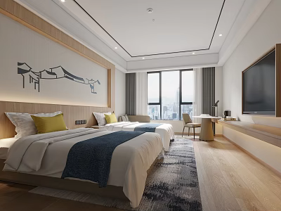 Modern Hotel Guest Room With Twin Beds Landscape Painting And City View Window 3d model