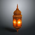 Traditional Arabic Lantern With Intricate Carvings Illuminated Golden Design Against Gray Background