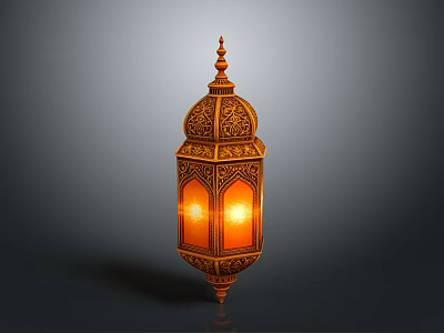 Traditional Arabic Lantern With Intricate Carvings Illuminated Golden Design Against Gray Background 3d model