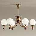 Vintage Brass Chandelier with White Spherical Shades and Wooden Accents for Classic Interior Decoration