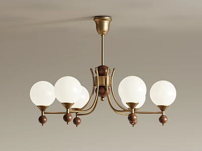 Vintage Brass Chandelier with White Spherical Shades and Wooden Accents for Classic Interior Decoration 3d model
