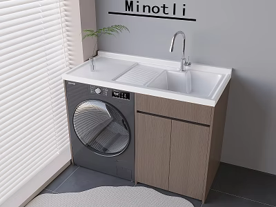 Modern Balcony Cabinet With Washing Machine Sink Faucet And Wooden Structure 3d model